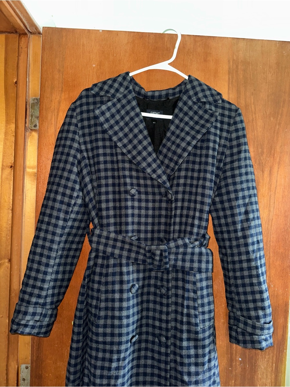 FEMKIT BERLIN Women's Navy & Gray Plaid Belted Trench Coat